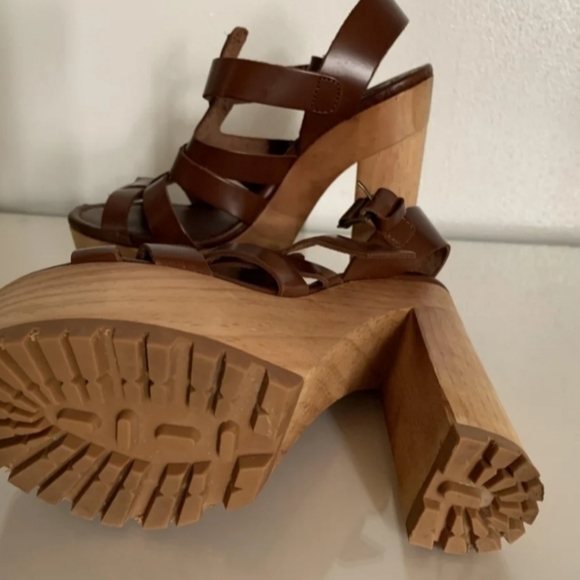 Zara Brown leather Heels Sandals wedges wood - Picture 5 of 5
